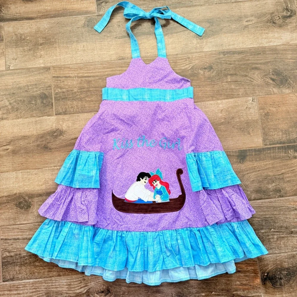 Custom Little Mermaid Kiss the Girl Tiered Ruffle Dress,Purple Turquoise,8